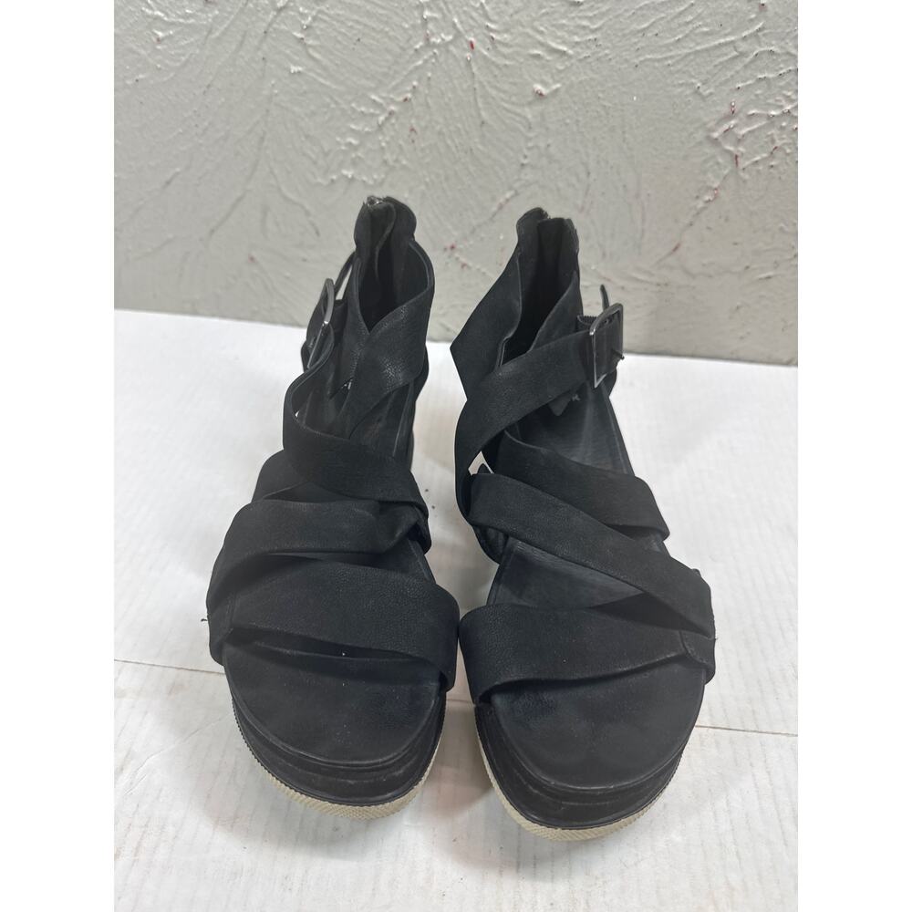 Eileen Fisher Black Boost Platform Wedge Strappy Sandals Suede Chunky Size 9
